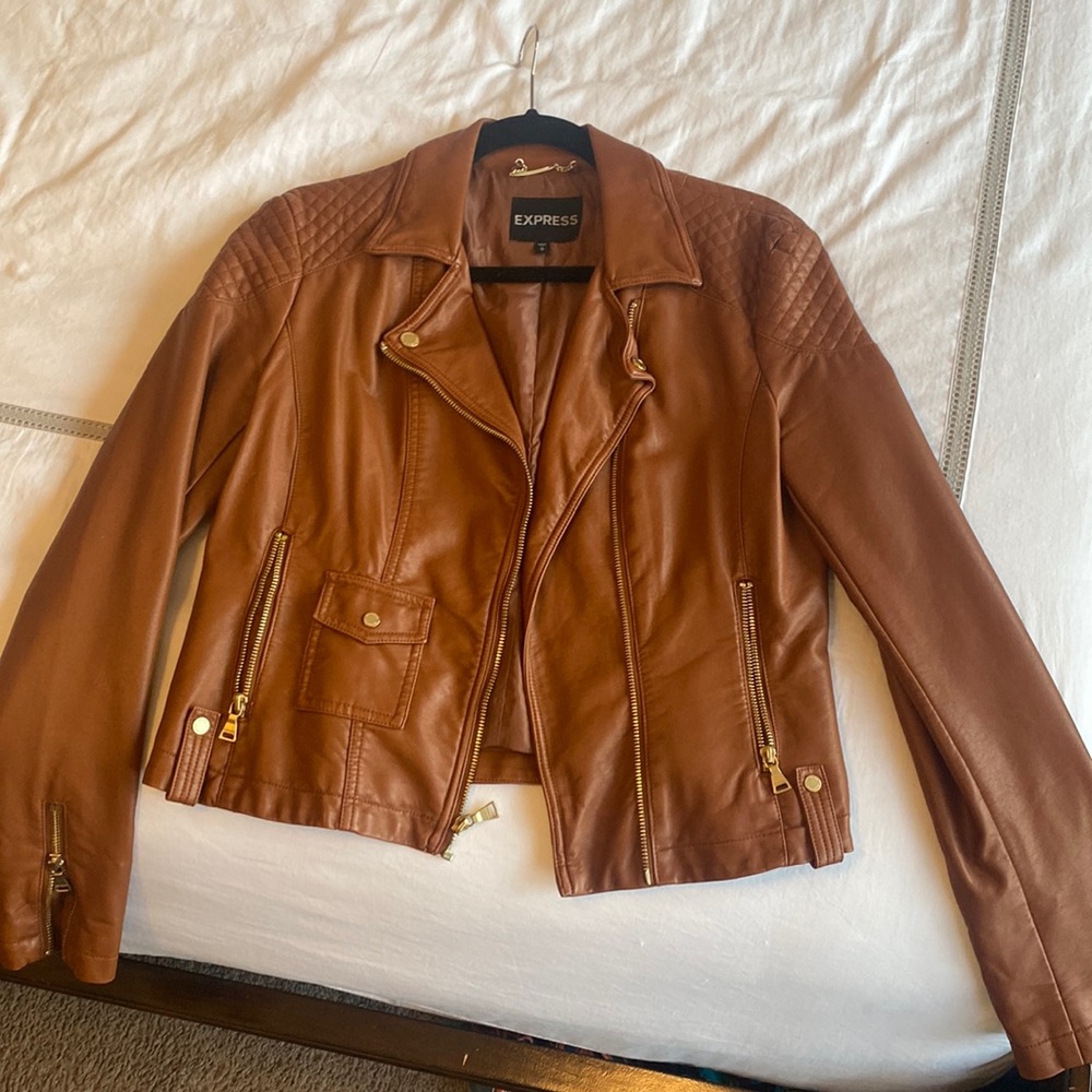 Brown Express leather jacket.